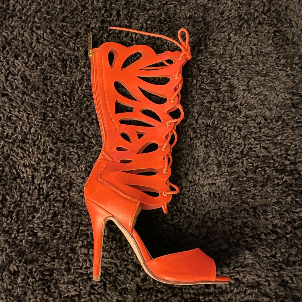 Orange knee high open toe boots 8 Women’s
